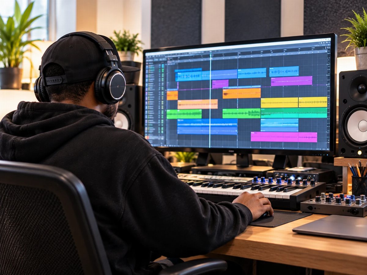 A beat laid out in sections on a DAW timeline: intro, hook, verse, bridge