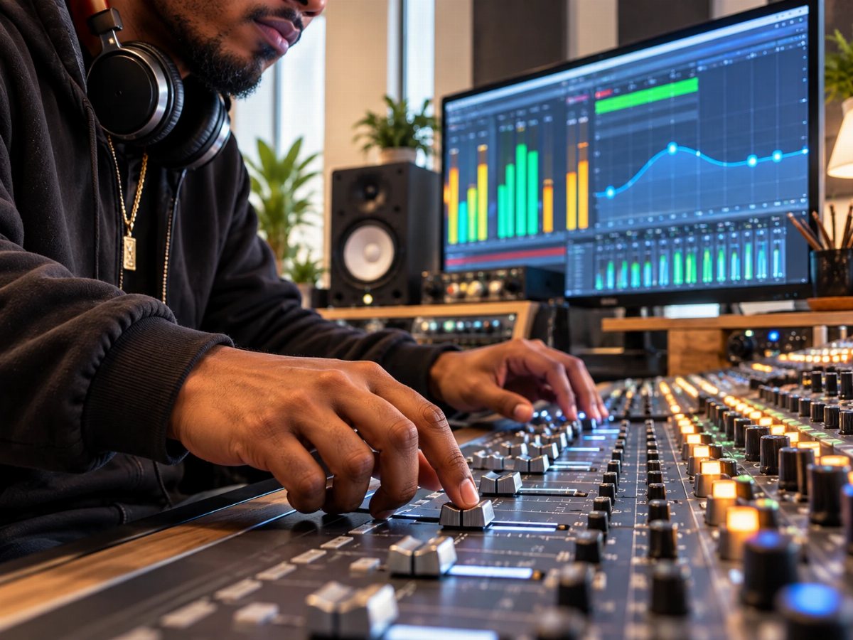 A producer at the mixing board, listening closely on studio headphones