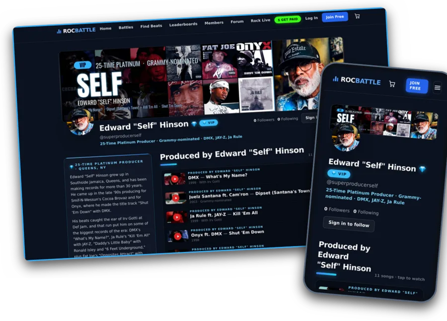 Edward "Super Producer Self" Hinson's VIP page on a computer and a phone